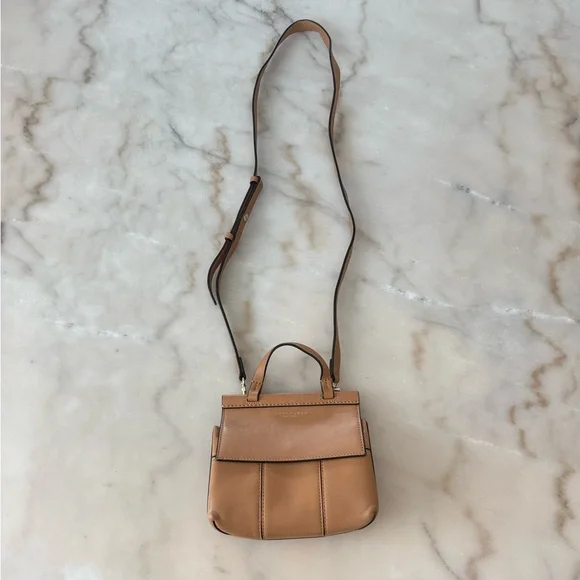 Tory Burch Block  T Mini Satchel Bag Light Tan Leather Handbag Top Handle 2 Ways - Picture 6 of 17